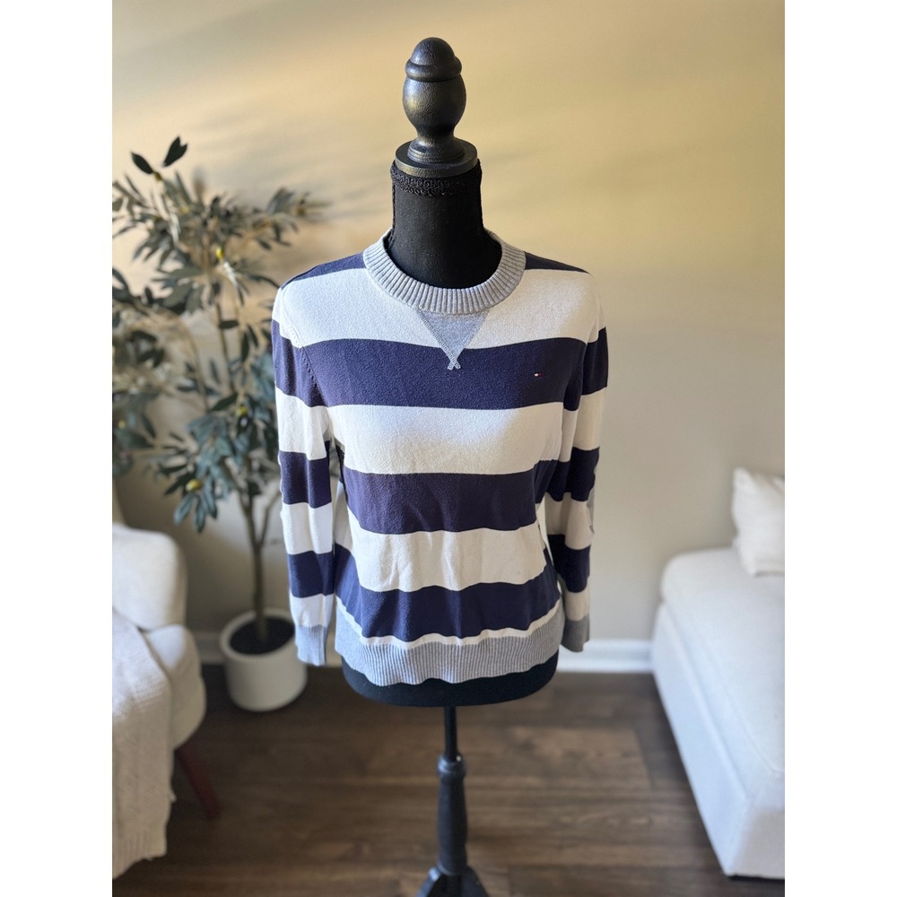 Tommy Hilfiger Medium 12/14 Navy White Striped Crewneck Sweater Elbow Patch